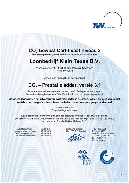 19281 8 Deelcertificaat CO2 Prestatieladder Loonbedrijf Klein Texas BV JPG