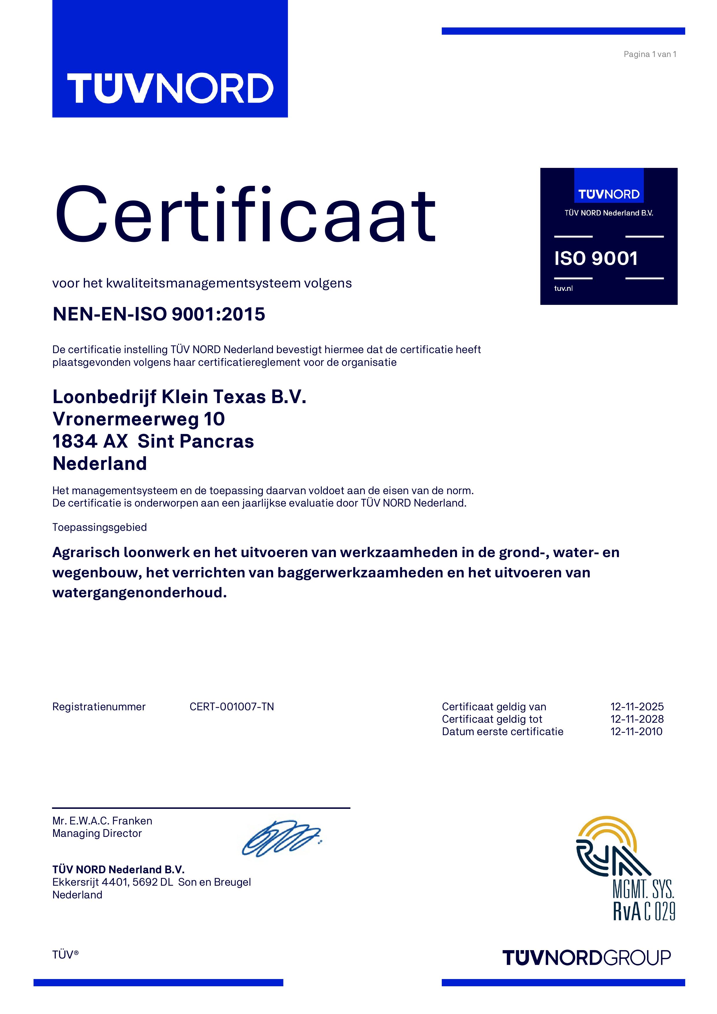 Certificaat CERT 001007 TN ISO 9001 NL NL1